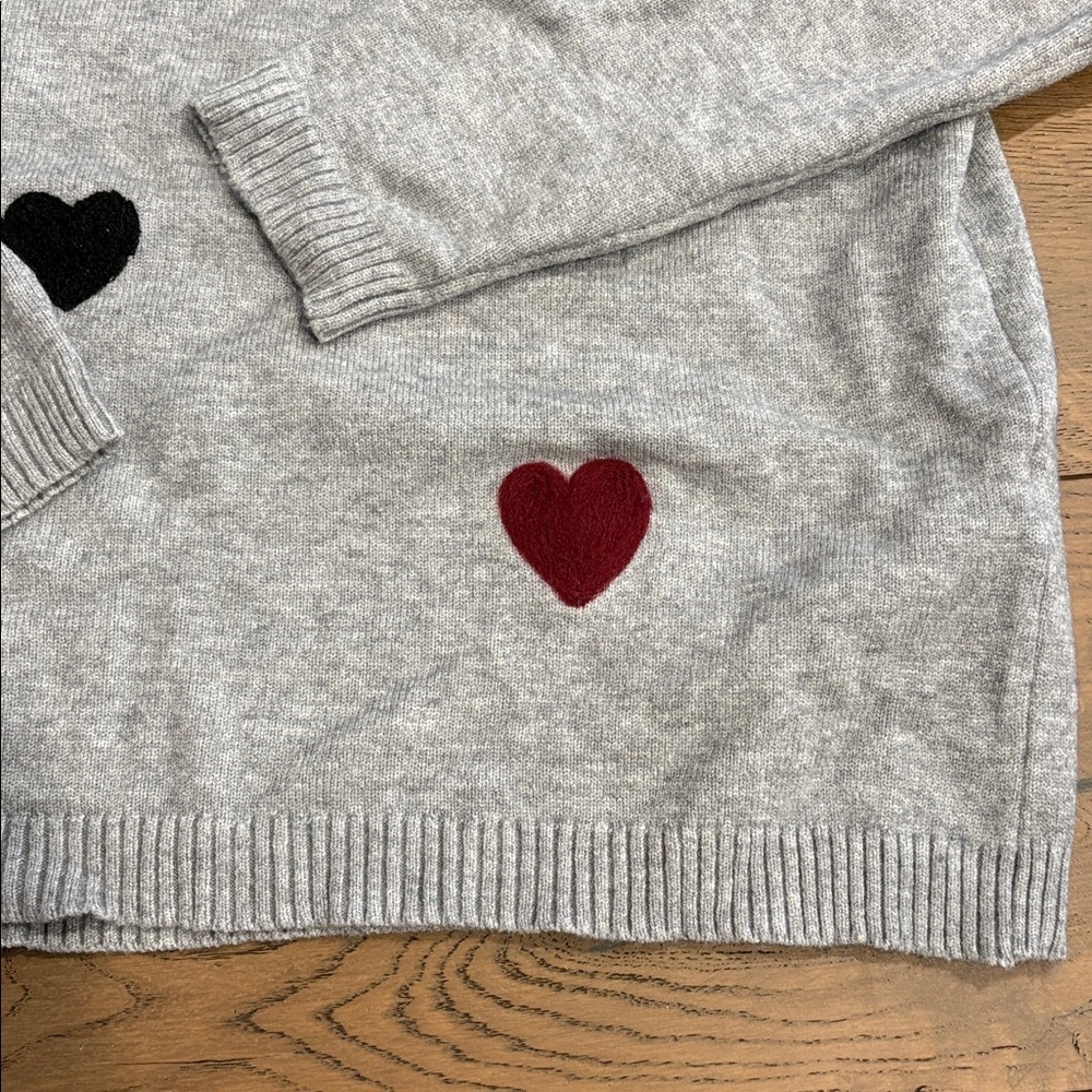 CHARLIE B Gray Hoodie Oversized Sweater with Black and Red Heart Accents - Picture 2 of 6